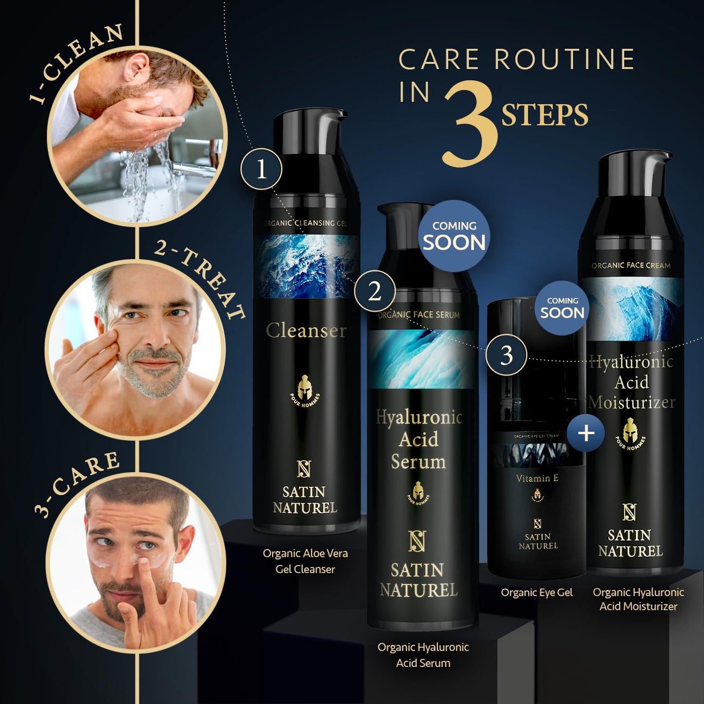 Satin Naturel Hyaluronic Acid Face Moisturiser for Men 75ml - Organic Mens Skincare & Anti Aging face Cream with Aloe Vera - Day & Night Cream - Mens Moisturiser Face for a Daily Efficient Skincare