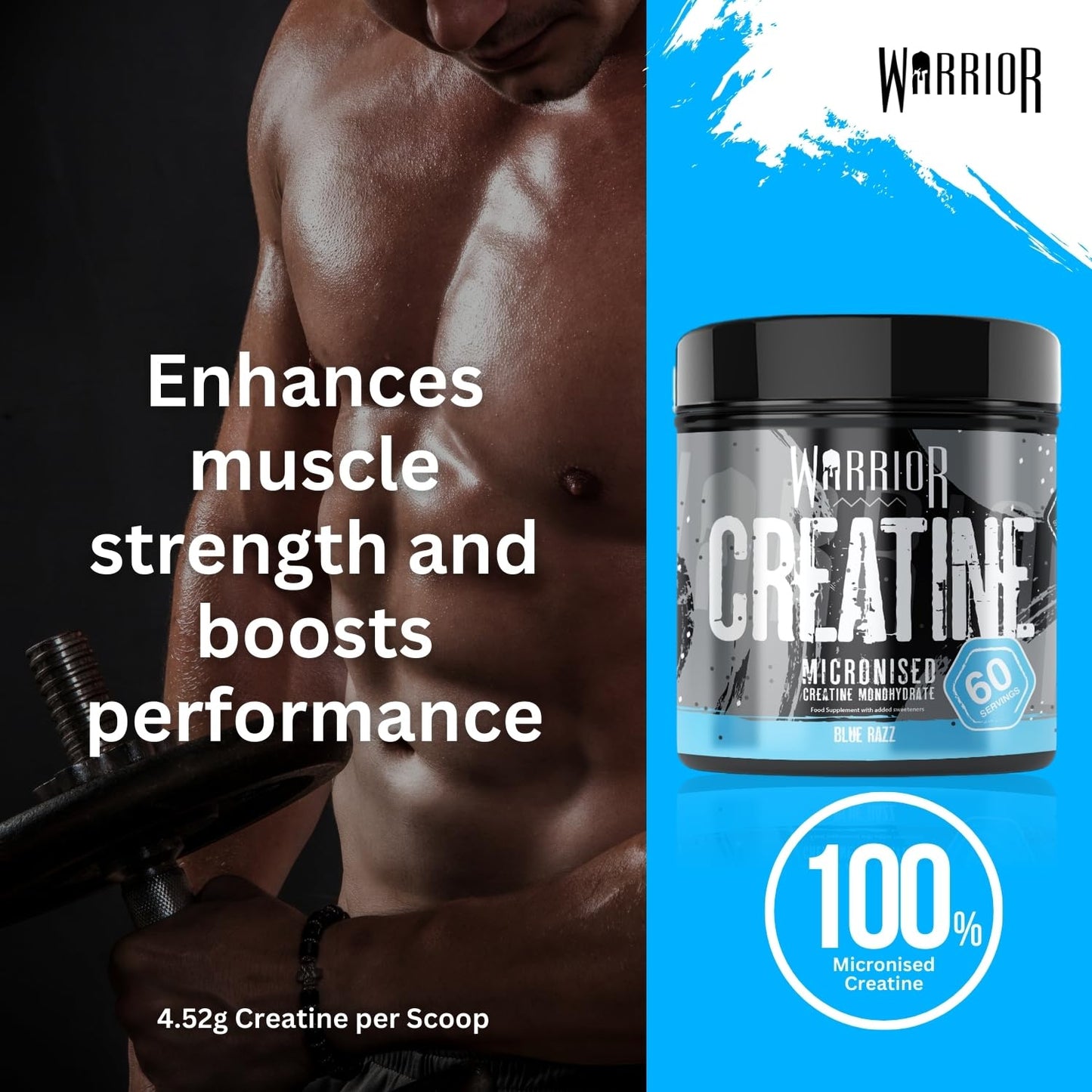 Warrior Creatine Monohydrate Powder – Micronised for Easy Mixing and Consumption – 100 Percent Pure Creatine – Proven to Improve Physical Performance and Recovery, 5 g Servings (Blue Razz, 300 g)