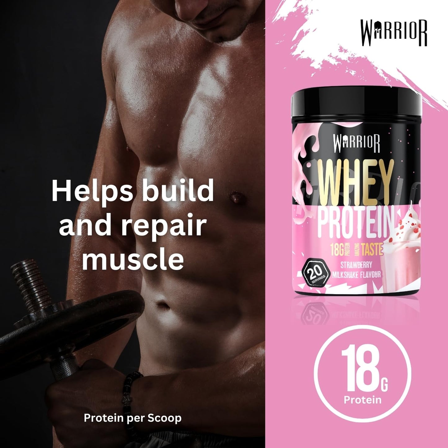 Warrior Whey Protein Powder 500g - Up to 36g* Protein per Shake – Low Sugar - Muscle Growth and Recovery Drink - Amazing Taste - 20 Servings - GMP Certified (Strawberry Milkshake)