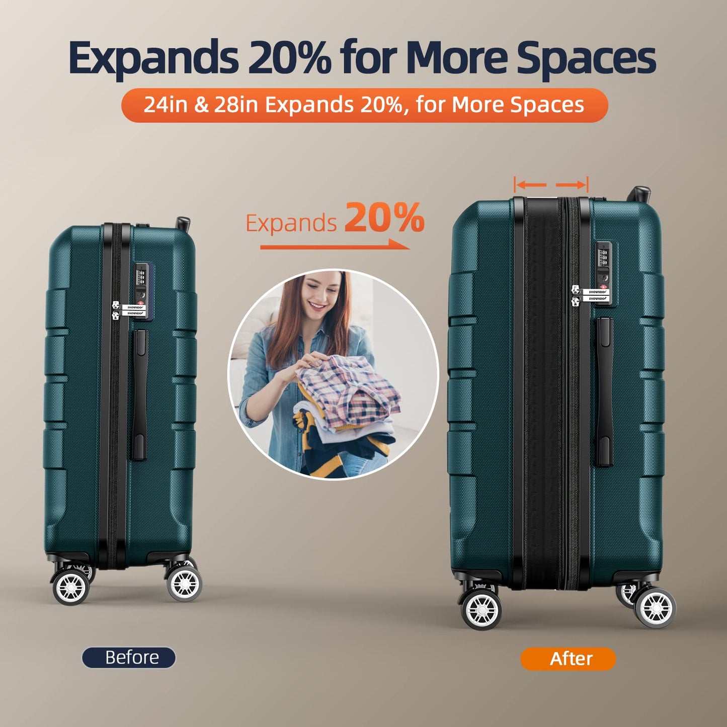 SHOWKOO Suitcase Large 28-Inch Expandable PC+ABS Hard Shell Travel Luggage Lightweight Durable High Capacity with Double Spinner Wheels TSA Lock, 28" Green