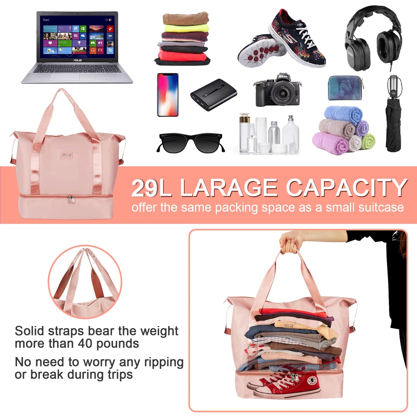 CS COSDDI Travel Duffel Bag, 29L Weekend Bag with Trolley Sleeve, Dry & Wet Seperated Sports Gym Bag Waterproof Carry On Bag for Women Men Weekender Hospital Bag