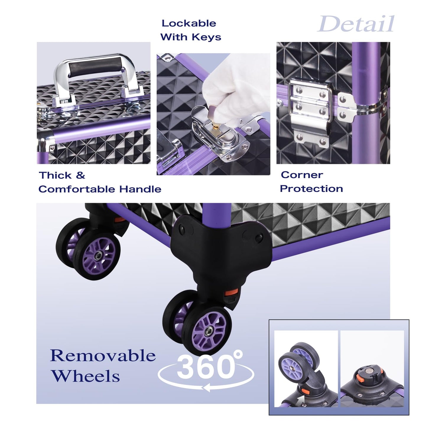 Joligrace Professional Makeup Trolley Cosmetic Vanity Box Make Up Case Organiser Beauty Rolling Box Beauty Trolley on Wheels Nail Technician Case, Black-Purple