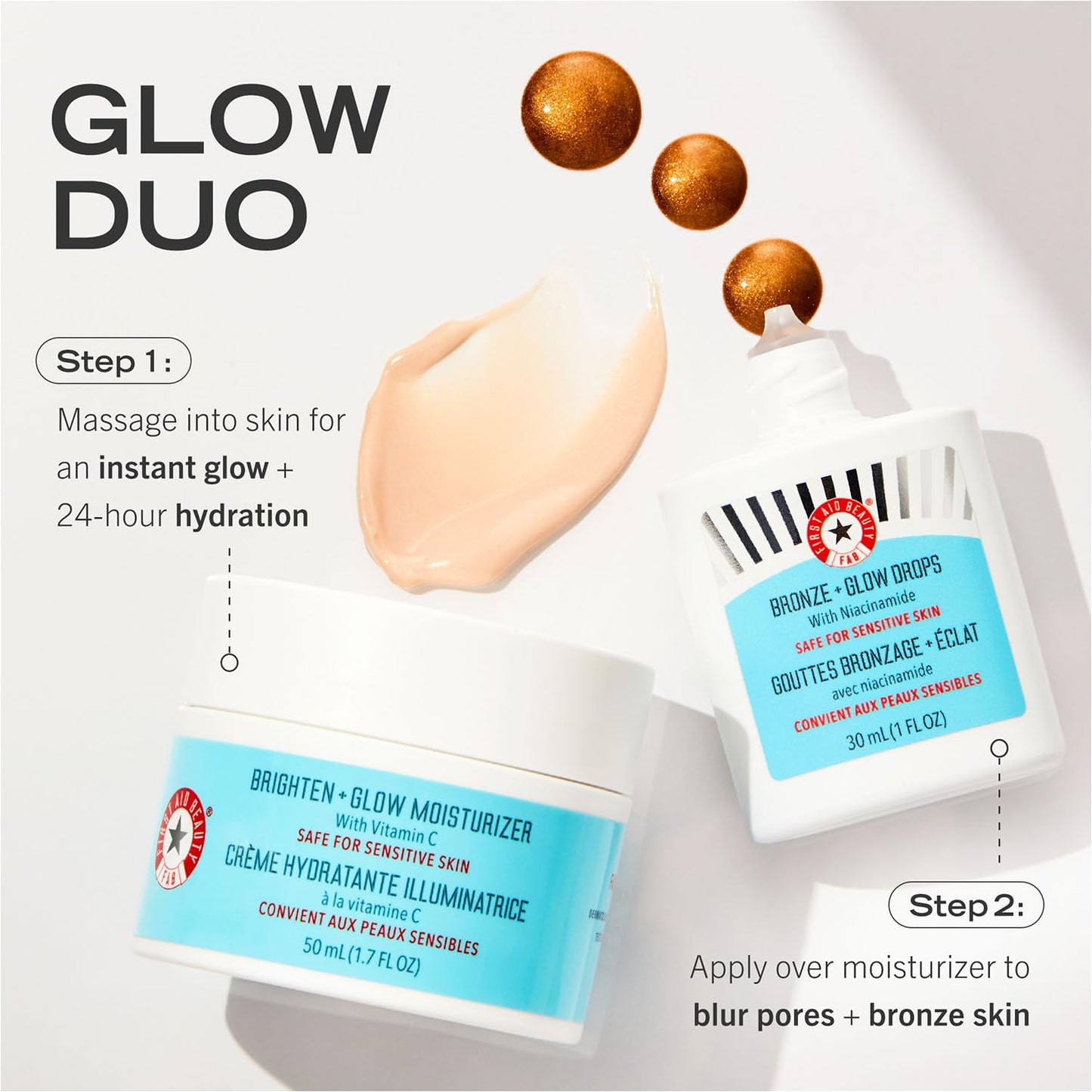 First Aid Beauty - Bronze + Glow Drops with Niacinamide, Visibly Evens Skin Tone, Blurs Pores and Hydrates for 24 hours with a Bronze Kiss of Color, Non-Comedogenic, Safe for Sensitive Skin, 30 mL