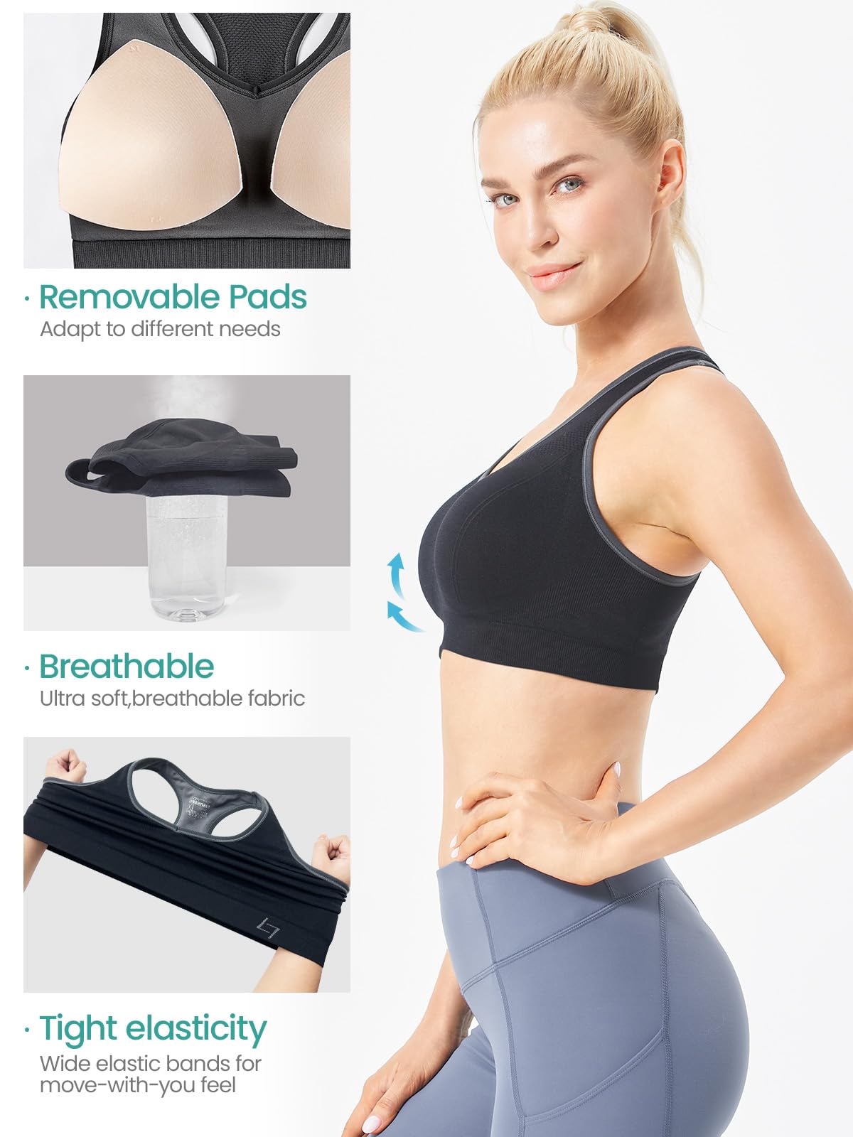 FITTIN Racerback Sports Bra for Women- Padded Seamless Activewear Bras for Yoga Gym Workout Fitness Black