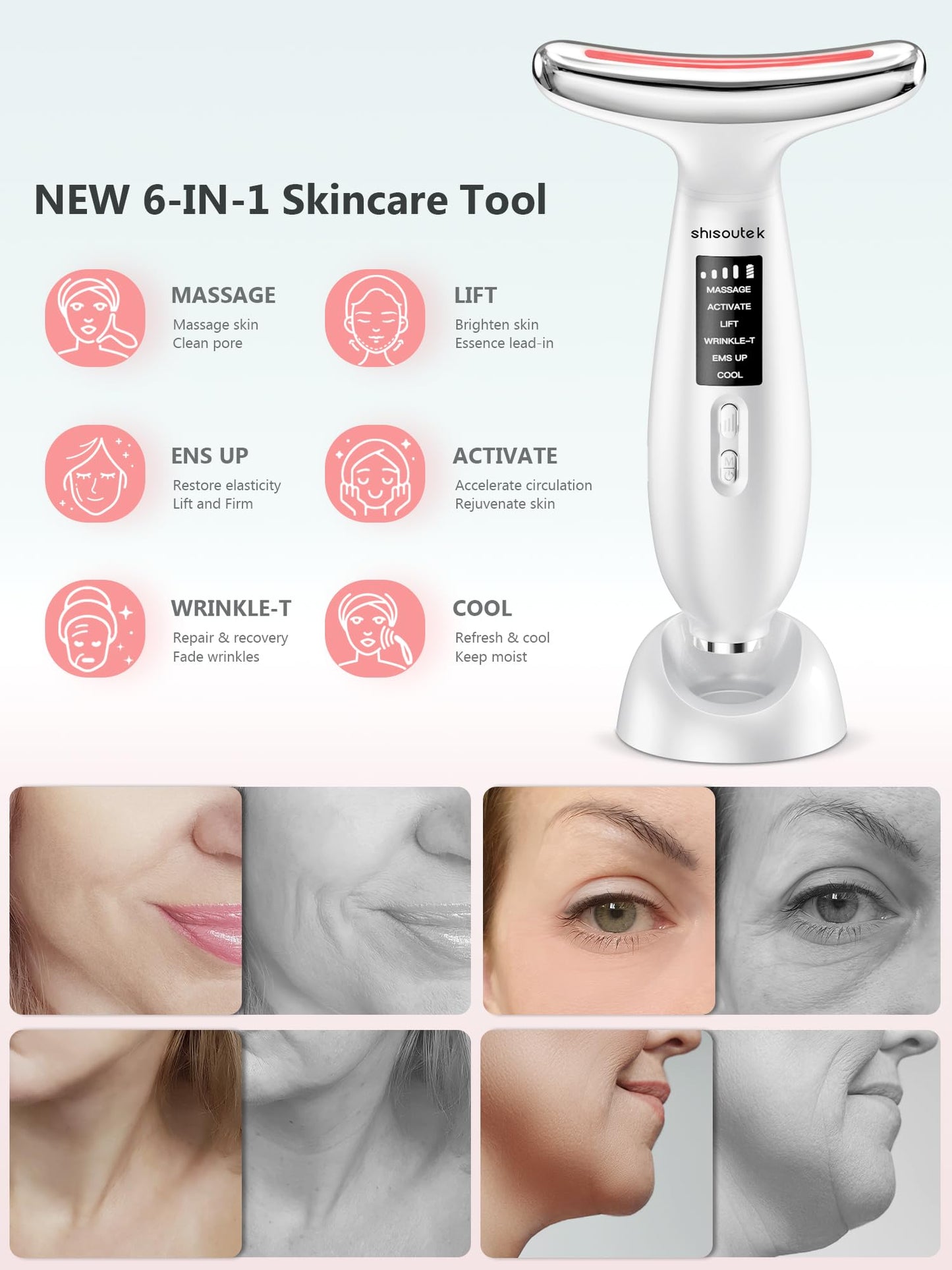 Face Lifting Device Facial Massager: Electric Skin Lift Neck Beauty Machine with 5°C Cooling Head - 45°C EMS Microcurrent Massage 6 Modes 4 LED- Face Sculpting Device Anti-Wrinkle Tightening Eye Body