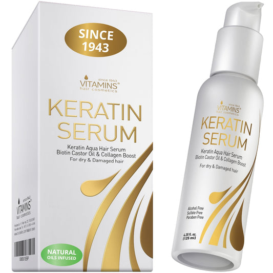 Vitamins Hair Serum Keratin Treatment - Biotin Collagen & Coconut Oil Hydrating Moisturiser for Frizzy Dry Damaged Hair - Anti Frizz Heat Protection for Curly Wavy Straight Locks