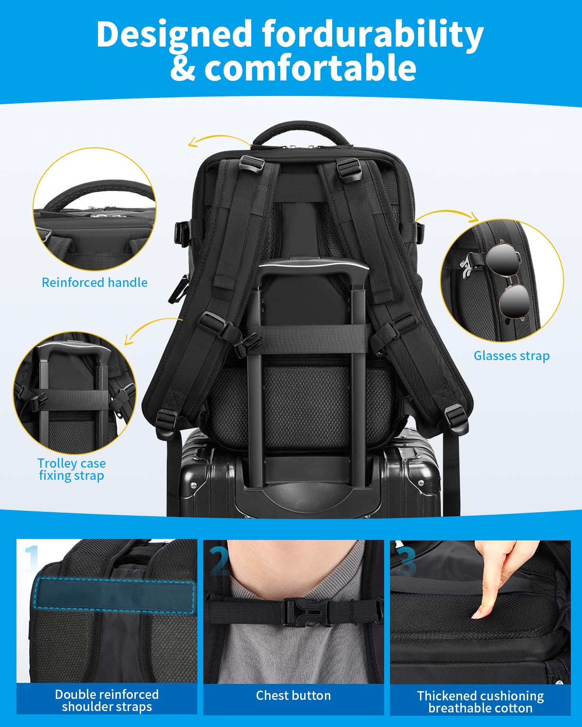 Cabin Bags for Ryanair 40x20x25 Underseat Travel Bag 11 Pockets Hand Luggage Bag Cabin Bag with Separate Shoe Pocket for Women & Men Carry on Bag, 20L, Black