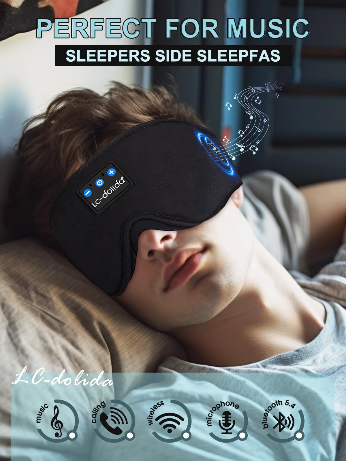 LC-dolida Bluetooth Sleep Mask with Headphones – 200% Blackout, 3D Eye Mask
