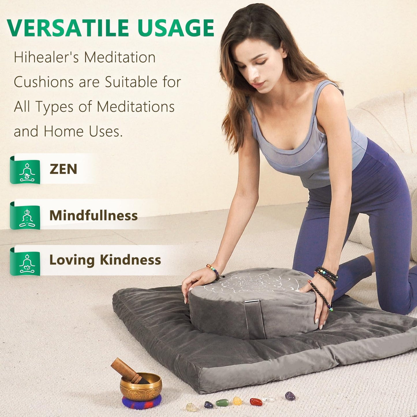 Hihealer Meditation Cushion with Extra Velvet Cover - Large Traditional Tibetan Meditation Yoga Floor Cushion Pillow Zafu Filled by Buckwheat Hulls, Great Gift for Women (Calmly Grey & White)