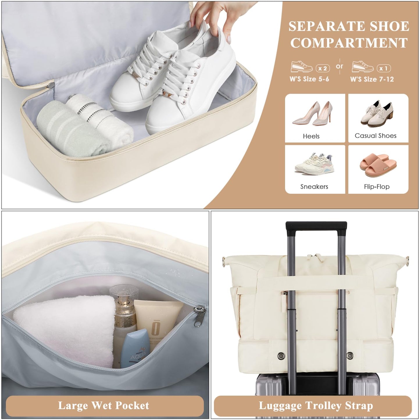 ETRONIK Gym Bag Womens, Sports Travel Duffel Bag with USB Charging Port, Weekend Overnight Bag for Women with Wet Pocket and Shoes Compartment, Hospital Bag, Beige