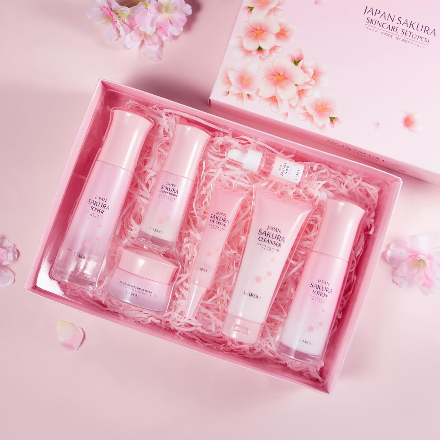 LAIKOU Japan Sakura Skincare Set, Luxury Facial Kit for Women Teenage Girls, Moisturizing & Anti Aging Skincare Gift Set - Cleanser, Toner, Lotion, Serum, Eye Cream, Face Cream, Makeup Primer, 7pcs