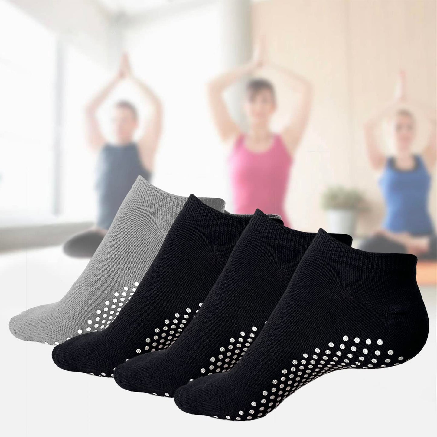 KEYRI 4 Pairs Non Slip Yoga Socks Pilates Socks Cotton Yoga Socks for women and men with Grips,Ballet Home Hospital Fitness Sports Socks,Full Toe Ankle Non-Slip Grip Socks,One Size (3 Black + 1 Gray)