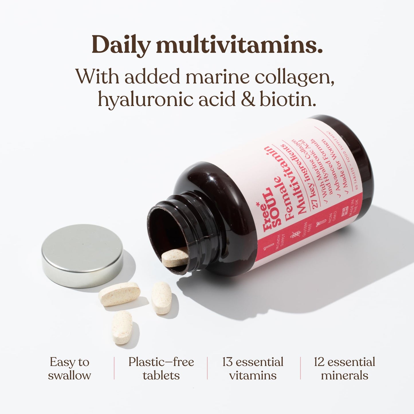 Women's Multivitamins & Minerals with Marine Collagen & Hyaluronic Acid | 27 Essential Vitamins, Minerals, & Botanicals | Gluten-Free & No Synthetic Fillers or Binders | 60 Tablets | Free Soul