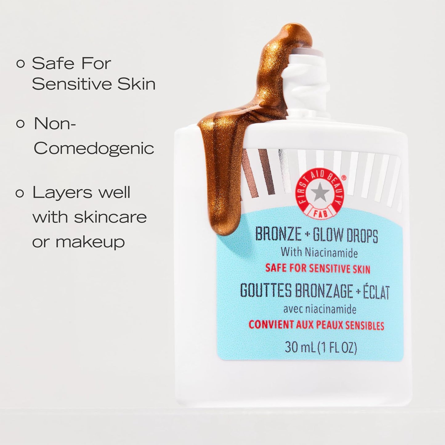 First Aid Beauty - Bronze + Glow Drops with Niacinamide, Visibly Evens Skin Tone, Blurs Pores and Hydrates for 24 hours with a Bronze Kiss of Color, Non-Comedogenic, Safe for Sensitive Skin, 30 mL