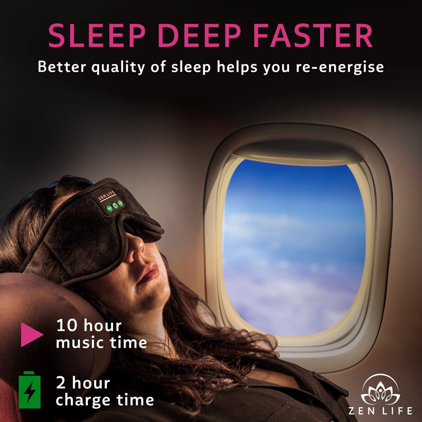 Zen Life Sleep Headphones, Ergonomic 3D Bluetooth Sleep mask, Perfect for Side Sleeping with Ultra Thin Soft Speakers, Blocks Light, Spotify Playlists Included, UK Based Company.