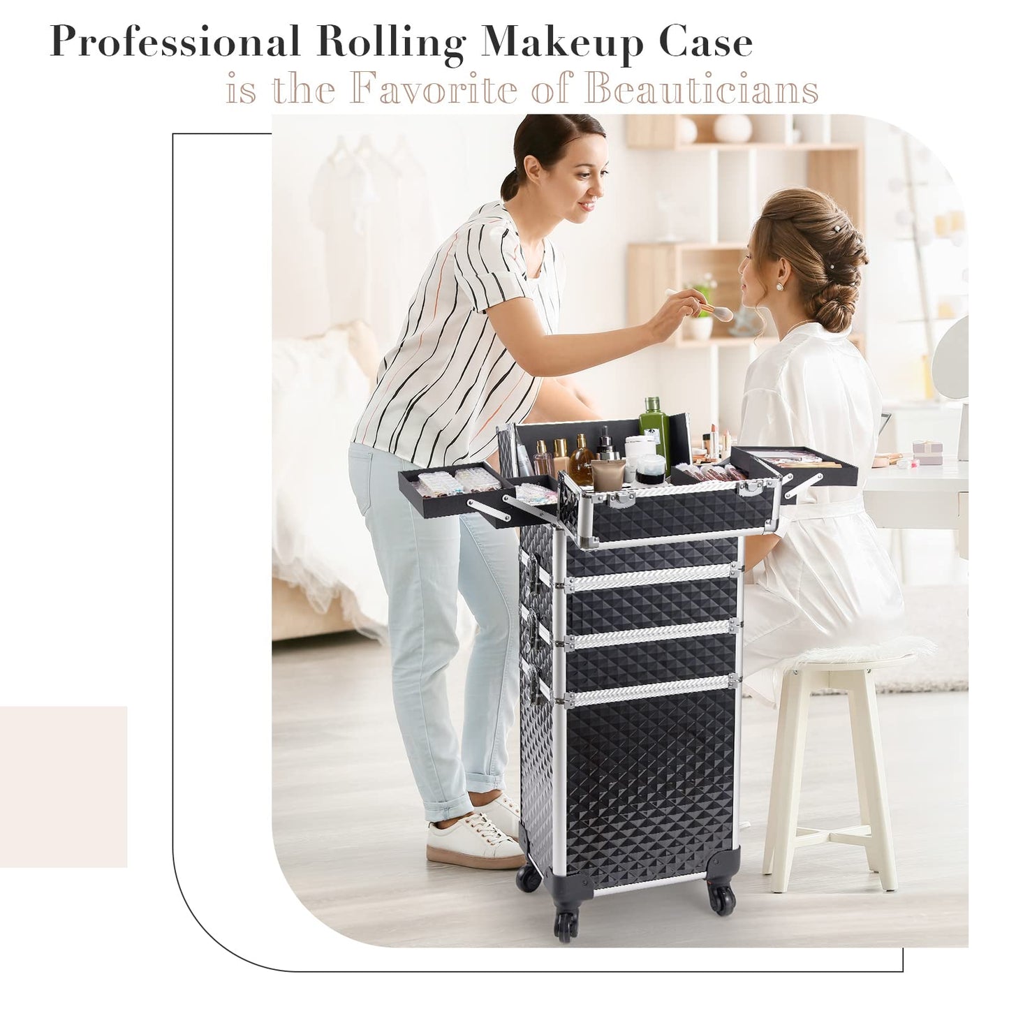 Joligrace 4-in-1 Tall Vanity Case for Women Makeup Box Make Up Beauty Trolley on Wheels Professional Large Makeup Case Organiser Rolling Box Nail Technician case with Locks (Black)