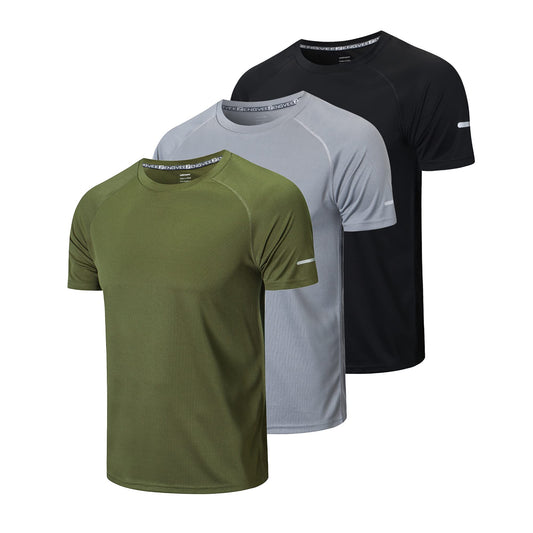 HUAKANG 3Pack Sport Shirts Men Short Sleeve Quick Dry T-Shirt Running Tops for Men Workout Jogging Fitness Gym Top(520 Black Grey Green-2XL)