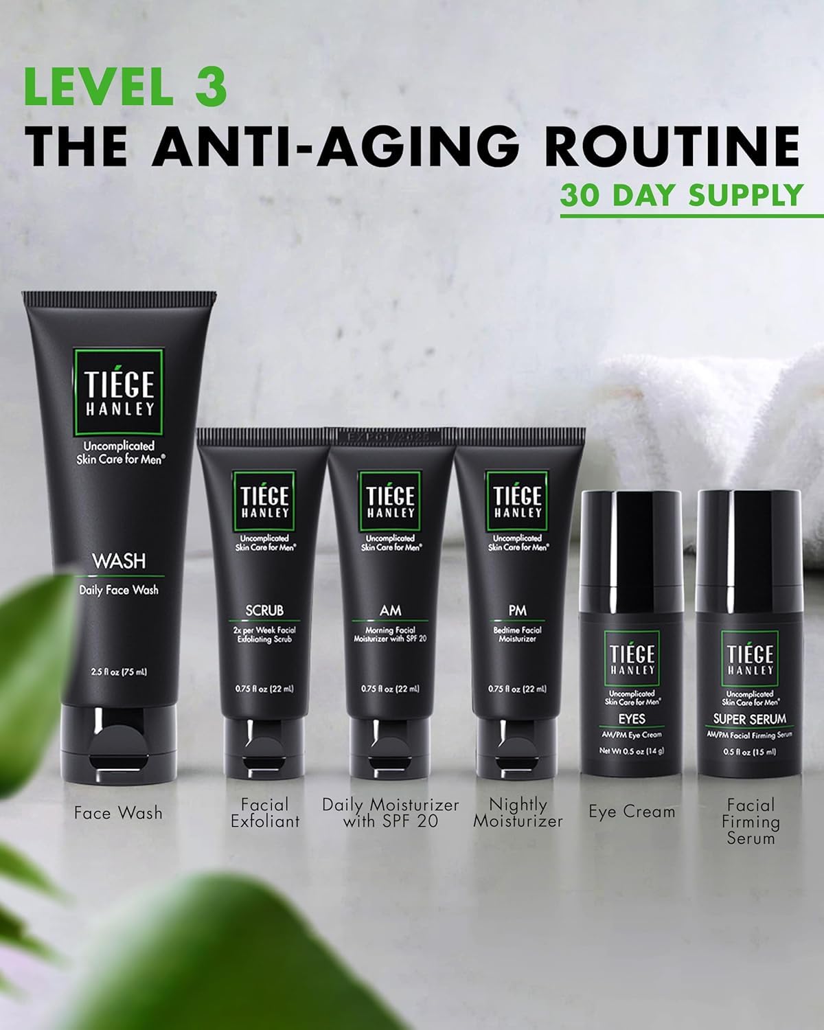 Tiege Hanley Men’s Skin Care System - Level 3 | Mens Anti Aging Routine Product Set: Face Wash, Serum, Day & Night Moisturizer, Exfoliating Scrub & Eye Cream | Tighten & Hydrate Your Best Looking Skin