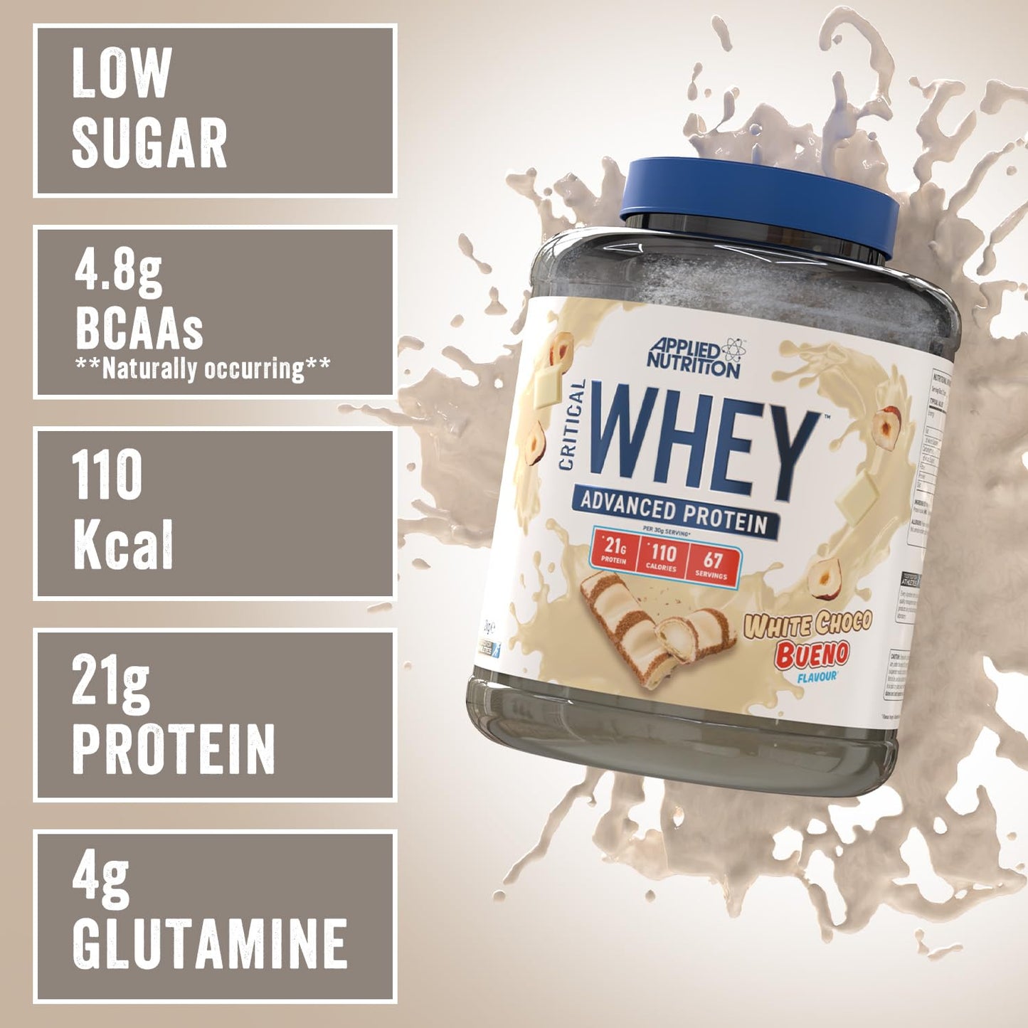 Applied Nutrition Critical Whey Protein Powder 2kg - High Protein Powder, Protein Milkshake, Muscle Building Supplement with BCAAs & Glutamine (2kg - 67 Servings) (White Choco Bueno)