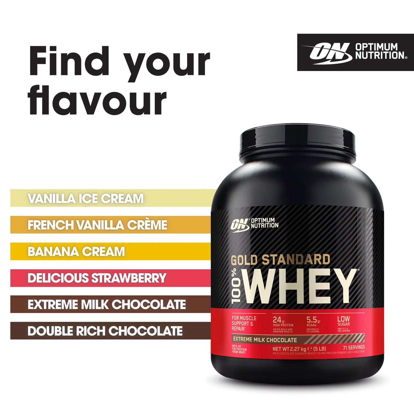 Optimum Nutrition Gold Standard Whey Muscle Building and Recovery Protein Powder With Naturally Occurring Glutamine and Amino Acids, Extreme Milk Chocolate, 71 Servings, 2.27kg, Packaging May Vary