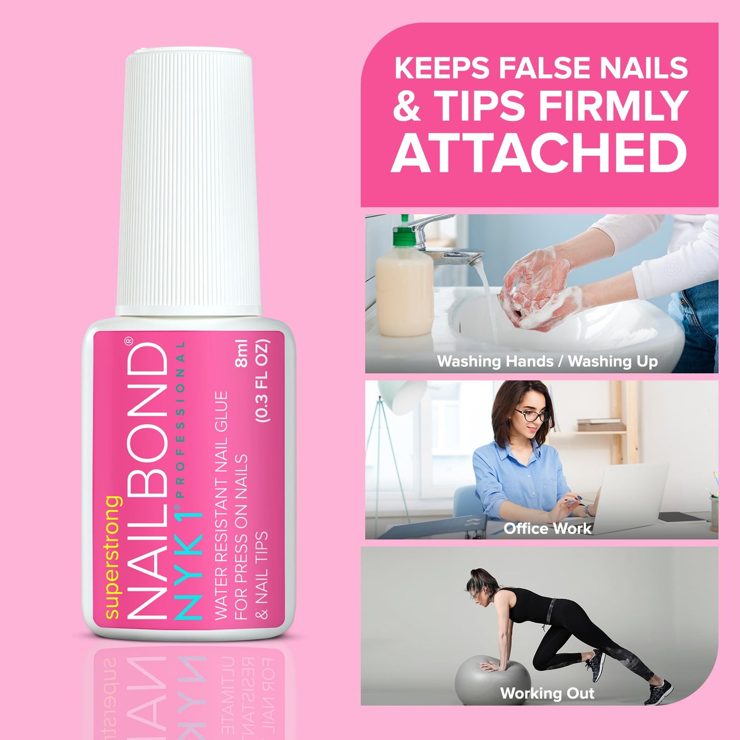 Super Strong Nail Glue for Press On Nails, Tips & False Nails (8ml) NYK1 NailBond Brush On Nail Glue Extra Strong for Press Ons, Tips & Acrylics - Long Lasting, Maximum Strength, Mess-Free Application