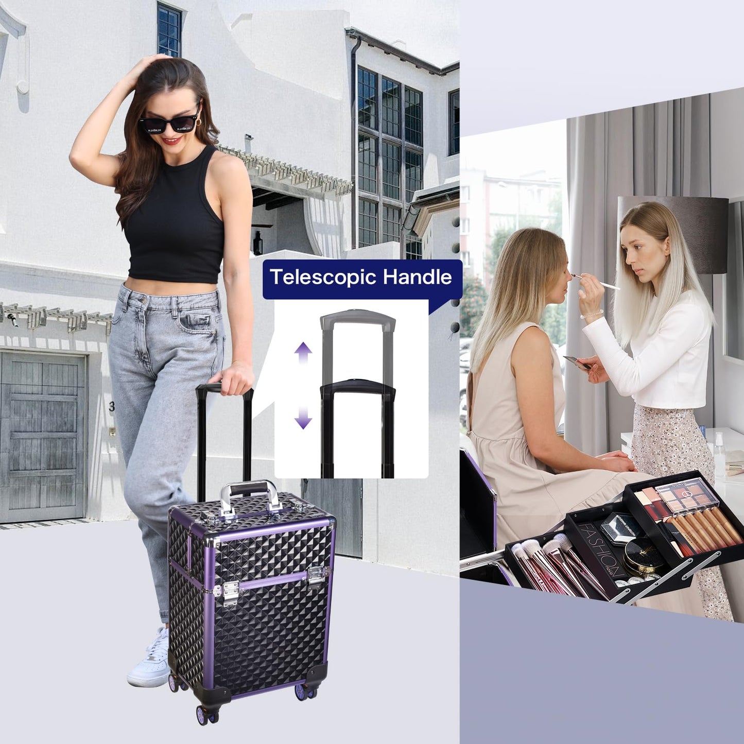 Joligrace Professional Makeup Trolley Cosmetic Vanity Box Make Up Case Organiser Beauty Rolling Box Beauty Trolley on Wheels Nail Technician Case, Black-Purple