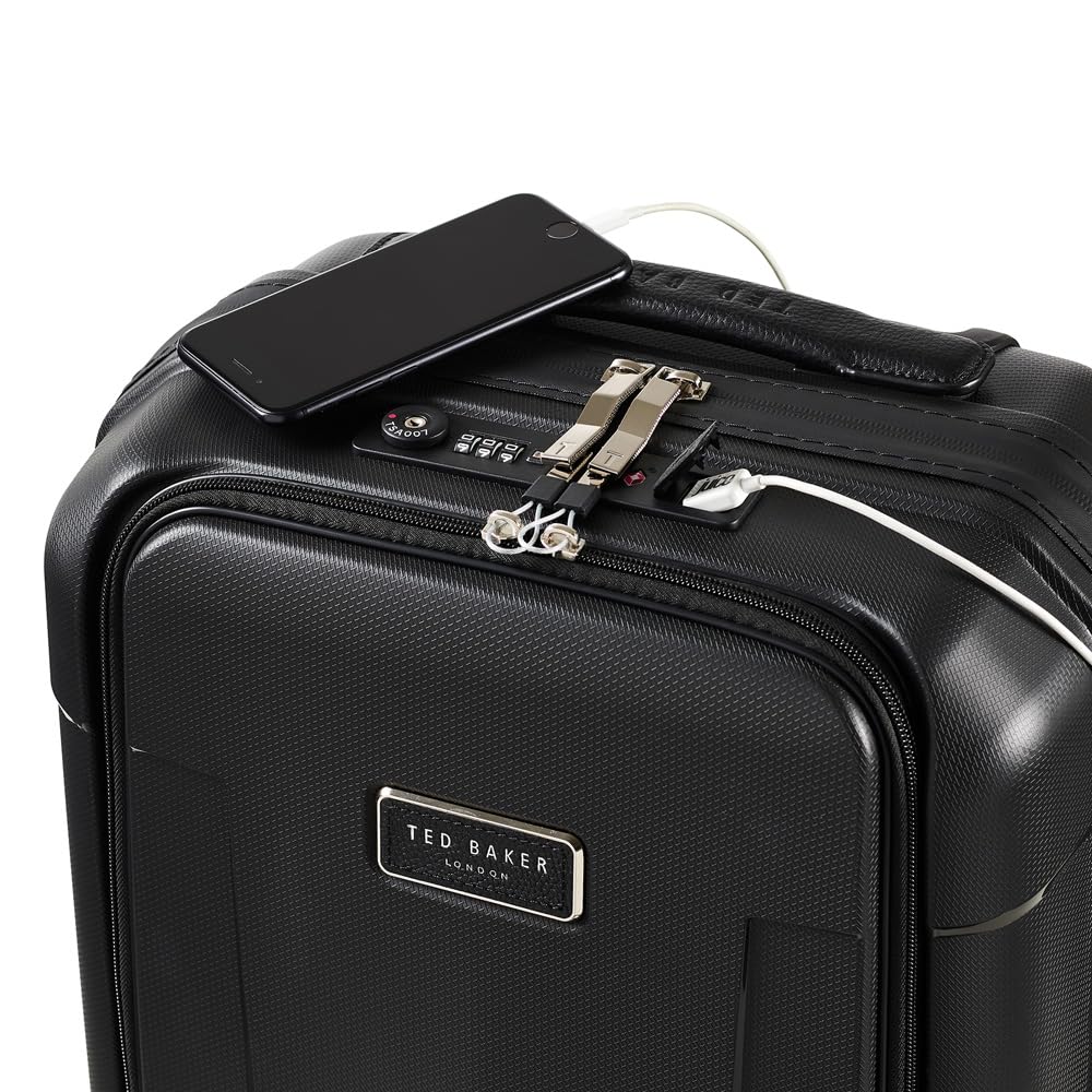 Ted Baker Flying Colours Small Trolley Spinner Suitcase with Front Pocket and USB Smart Feature, Black