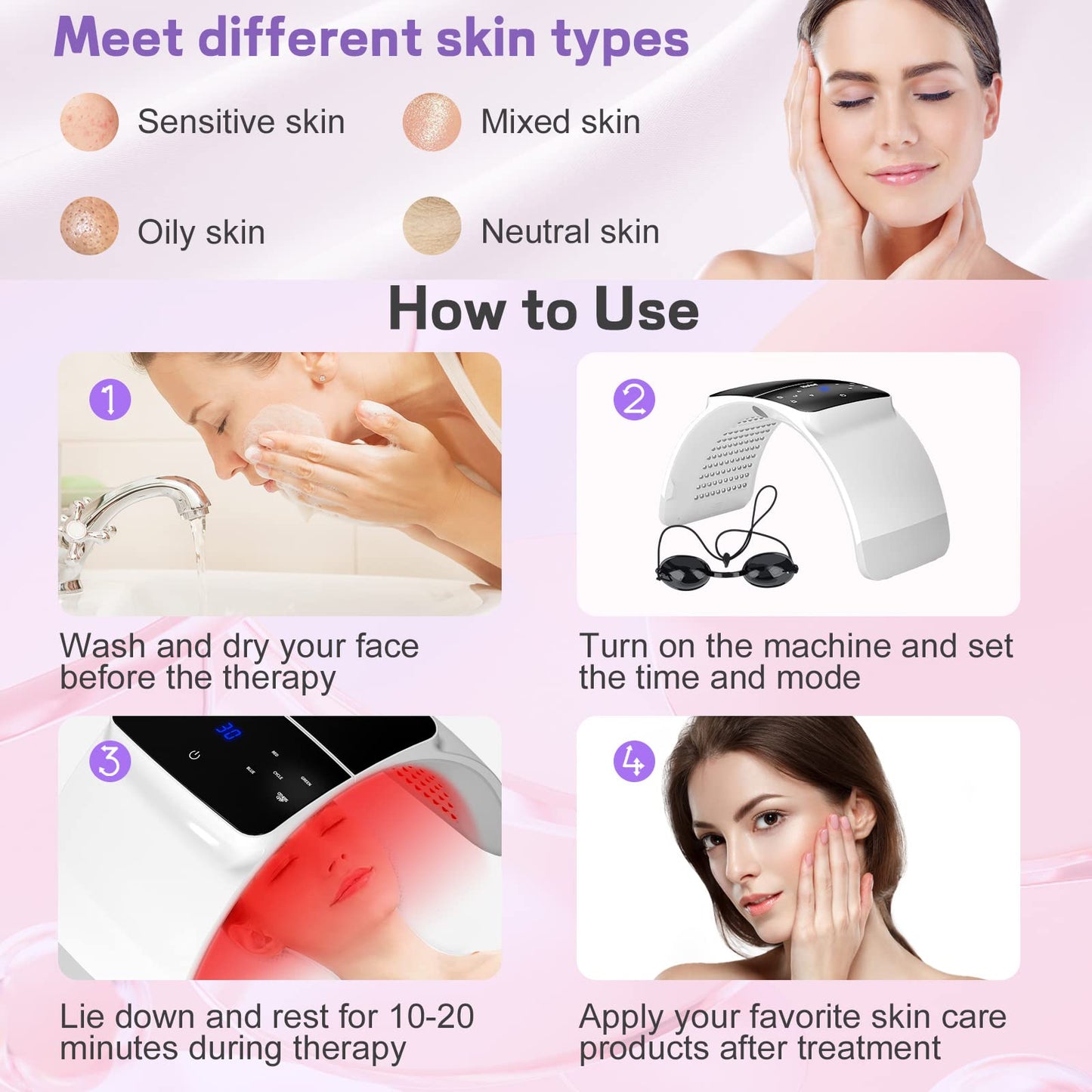 Photon LED Light Therapy, Cozion 7 Colors LED Mask Light Therapy - Foldable Red Light Mask PDT Beauty Machine, Professional Skin Care LED Therapy Mask for Face Body SPA, Home Beauty Salon Device