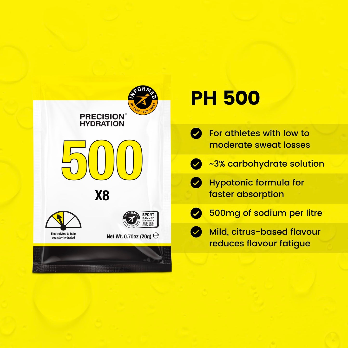 Precision Hydration Electrolyte Drink Mix - No Artificial Ingredients, Multi Strength Electrolyte Powders - Individual Waterproof Servings - Gluten/Dairy Free (500mg/L - Yellow Packet, pack of 8)