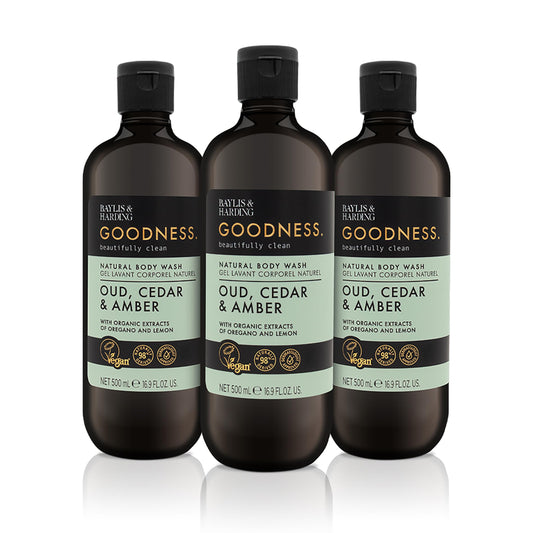 Baylis & Harding Goodness Oud, Cedar and Amber Body Wash, 500 ml (Pack of 3) - Vegan Friendly