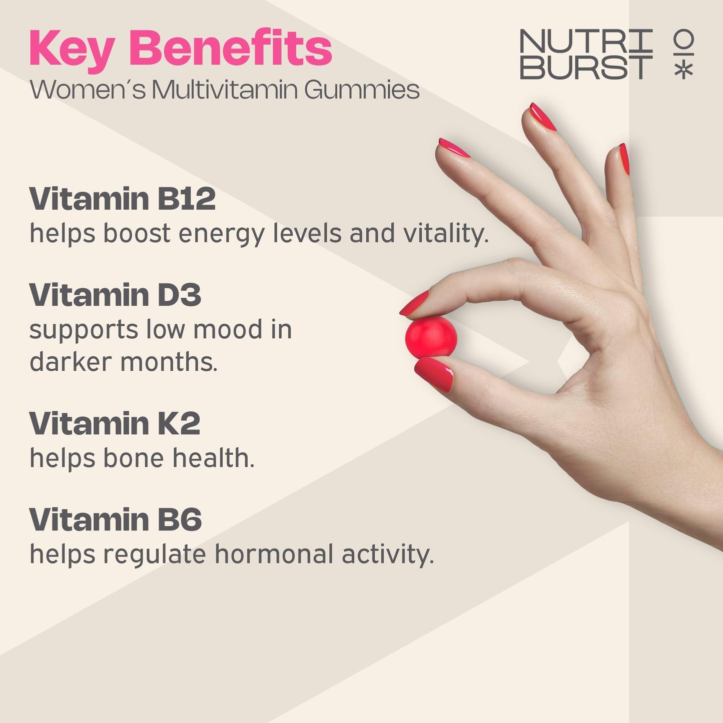 Nutriburst Women’s Multivitamin - Hormone Regulation & Support Collagen Formation - Contains 15 Micronutrients; B5, B6, B12, C, D - Vegan, Sugar Free Supplement - 60 Berry Gummies - 1 Month Supply