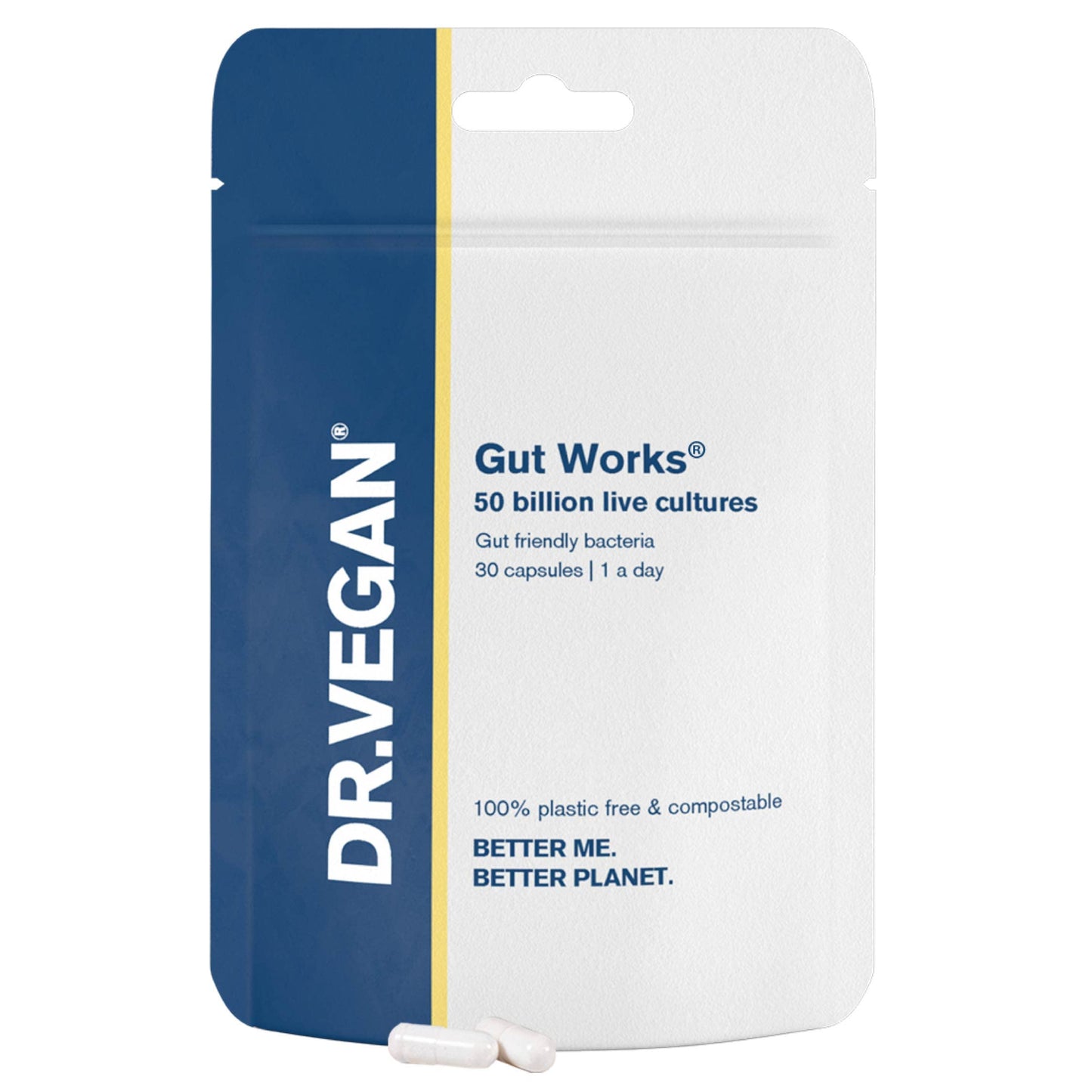 Gut Works® | 6 Prebiotics and Probiotic Strains | 50 Billion CFU Bacteria Live Cultures | Daily Support for Gut Health | 30 Vegan Capsules | One-A-Day | DR.Vegan