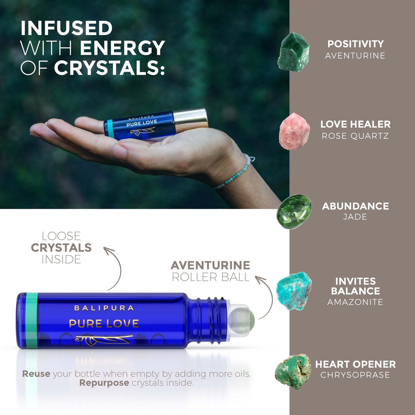 BALIPURA - Pure Love Crystal Aura Roll On- Jasmine Essential Oil with Rose Quartz Crystals - Essentail Oils for Body - Calming Essential Oils Roll On- Relaxation Gifts for Women