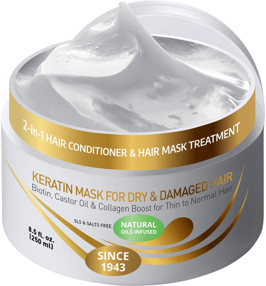 Vitamins Hair Mask Conditioner Keratin Treatment - Biotin Castor and Coconut Oil Deep Conditioning for Thin Fine Hair - Anti Frizz Moisturiser for Curly Straight Dry Damaged and Frizzy Locks