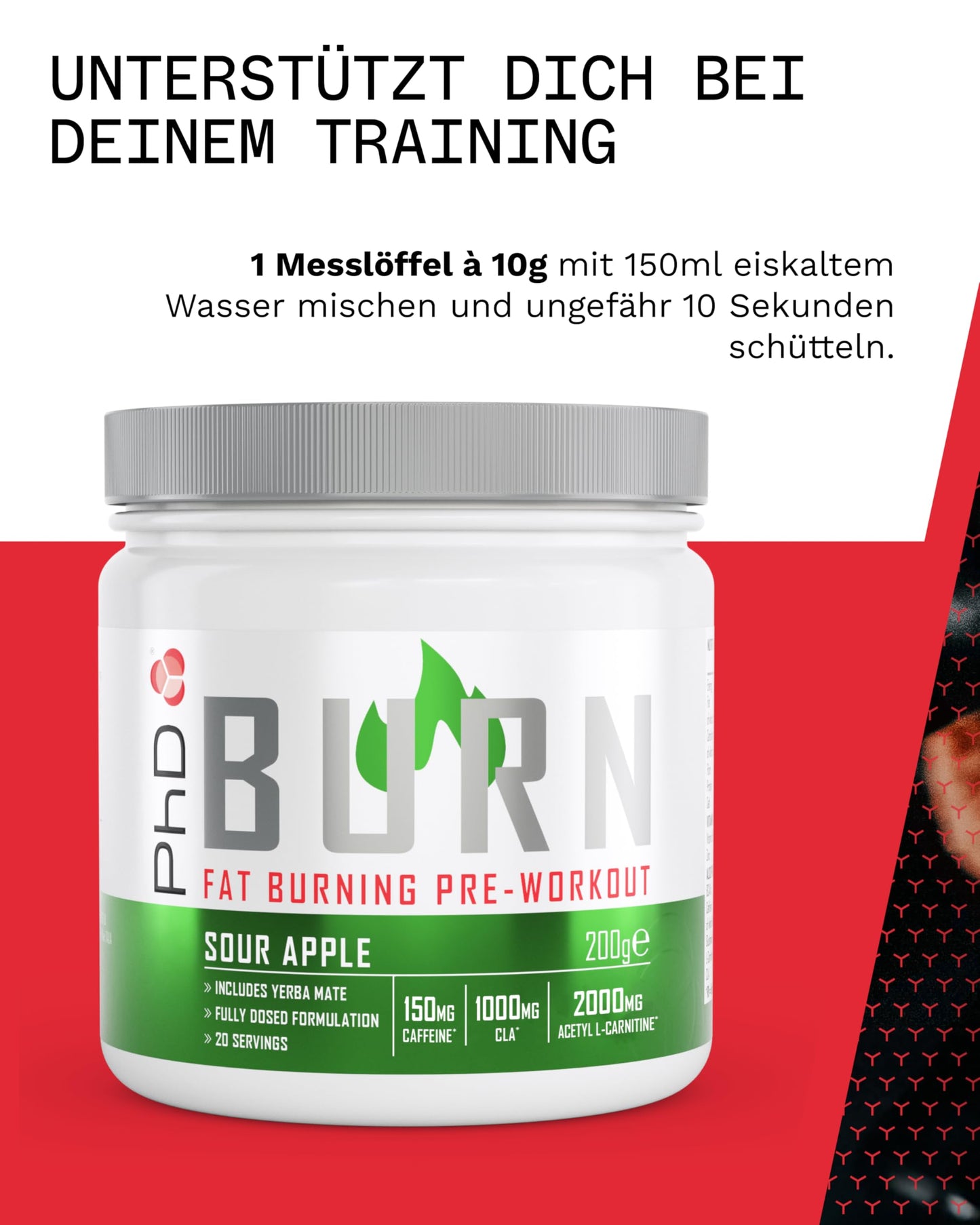 PhD Burn Pre Workout Powder with L Carnitine for Women and Men, Rich in CLA, High Caffeine for pre-Workout, Sour Apple Flavour, 20 Servings (200g)