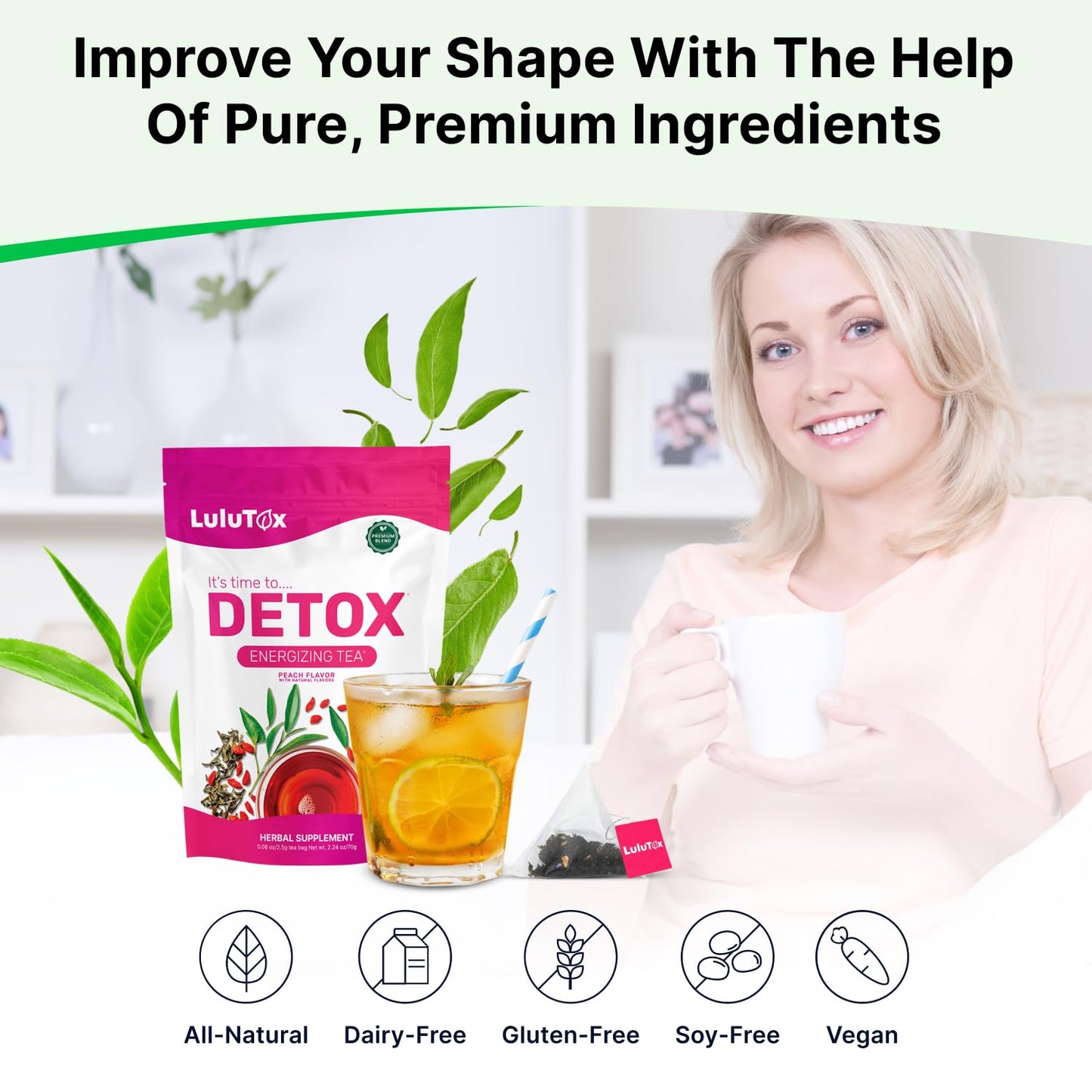 LULUTOX Original Detox Tea - Herbal Blend with Dandelion, Ginseng, and Ginger - Supports A Healthy Weight, Digestive Health - Vegan, All Natural, Laxative-Free - Peach Flavor (28 Servings)