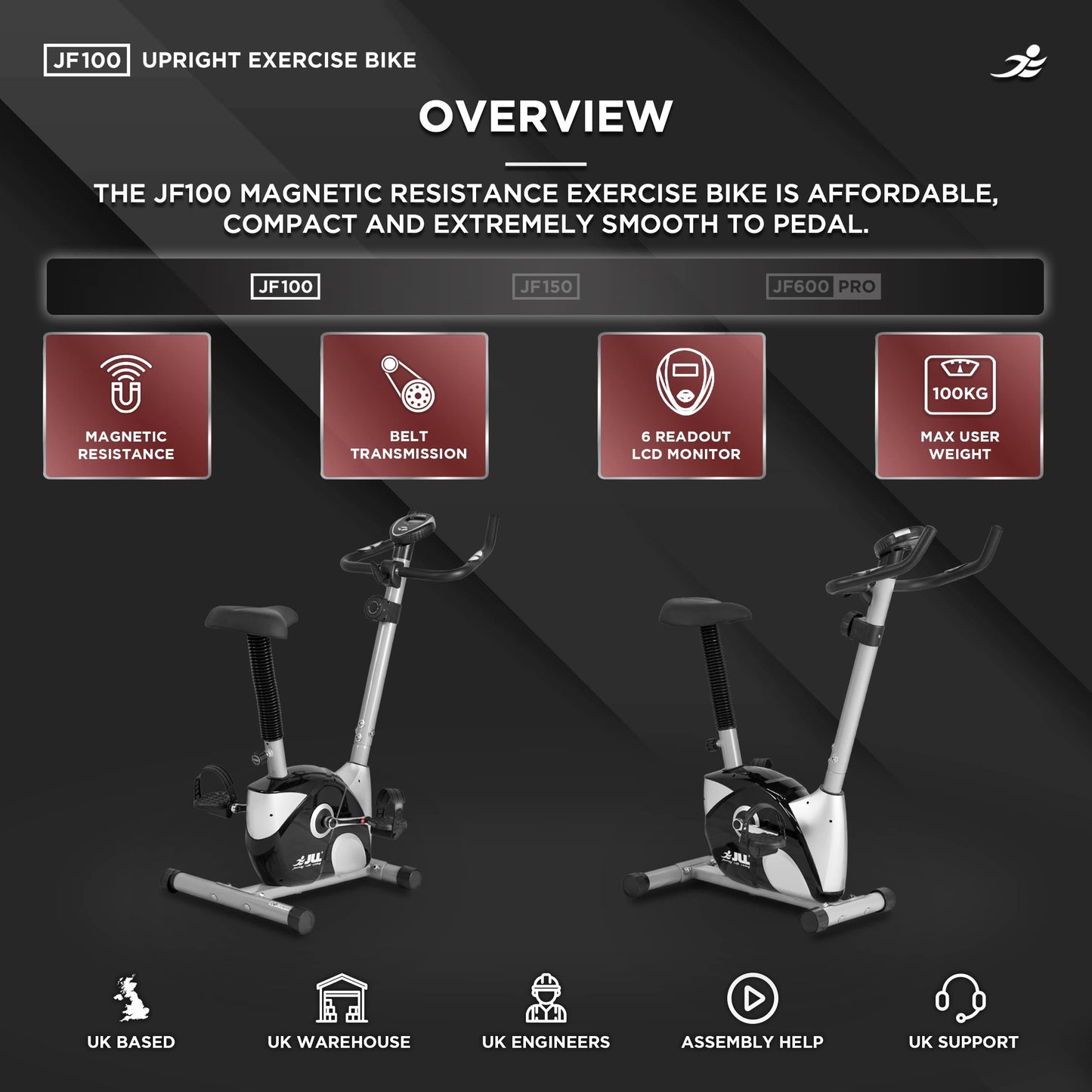 JLL® JF100 Home Exercise Bike, 2025 New Adjustable Magnetic Resistance Cardio Workout, 4kg Bi-Directional Flywheel, Display with Heart-Rate Sensor, Adjustable Handlebars & Seat Height