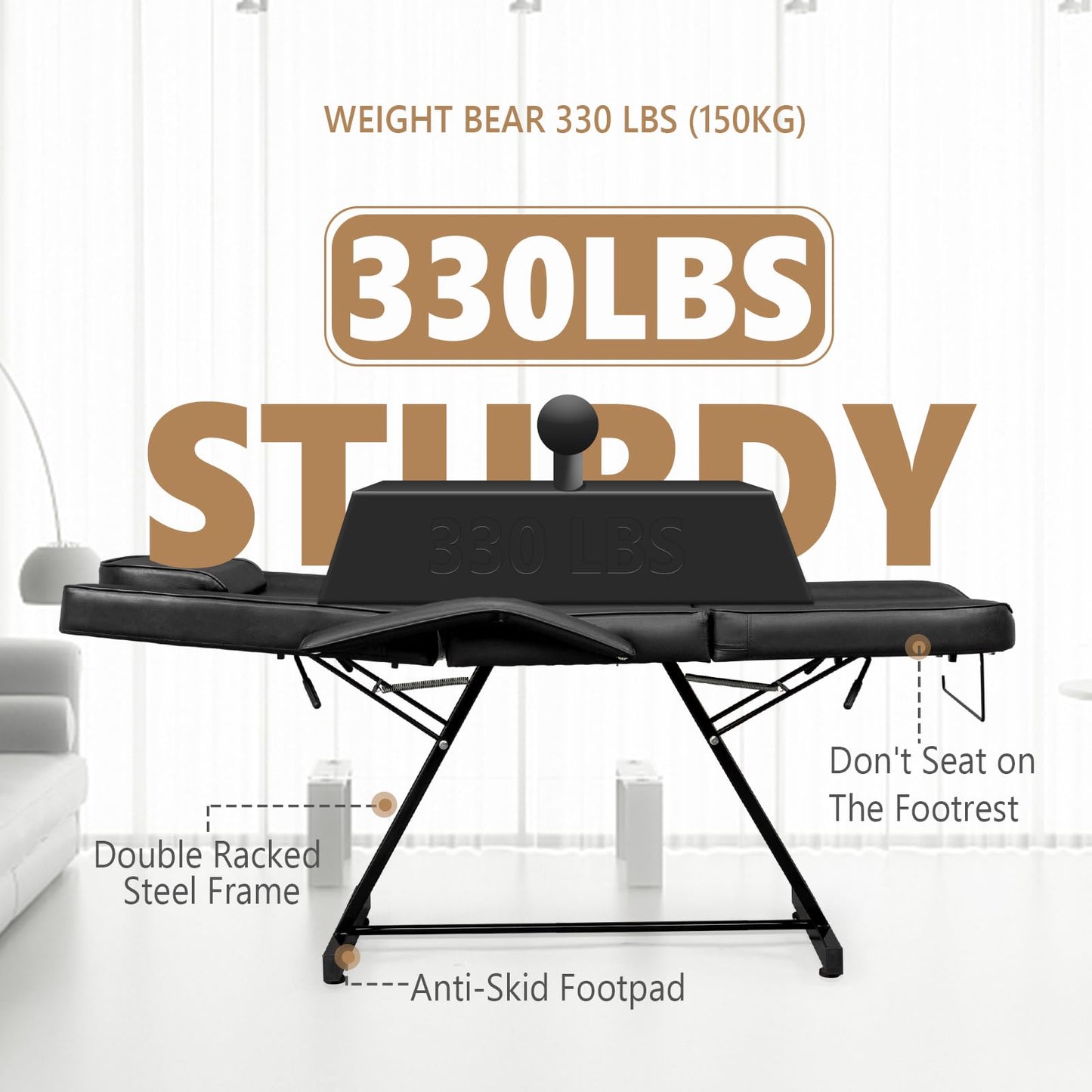 Bonnlo Professional Massage Table Tattoo Chair, Multi-Purpose 3-Section w/Adjustble Stool, Esthetician Bed Beauty Equipment for Spa Facial Waxing & Physical Therapy(Black)