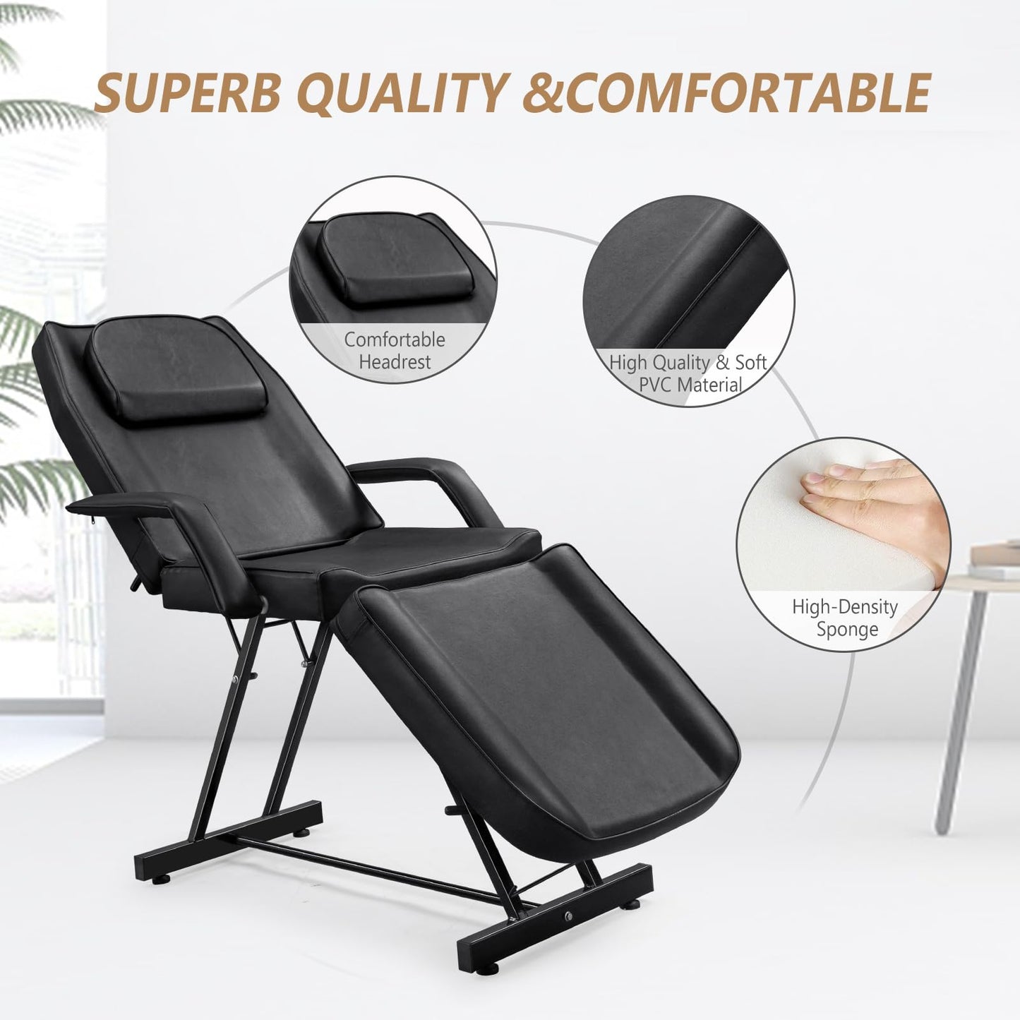 Bonnlo Professional Massage Table Tattoo Chair, Multi-Purpose 3-Section w/Adjustble Stool, Esthetician Bed Beauty Equipment for Spa Facial Waxing & Physical Therapy(Black)