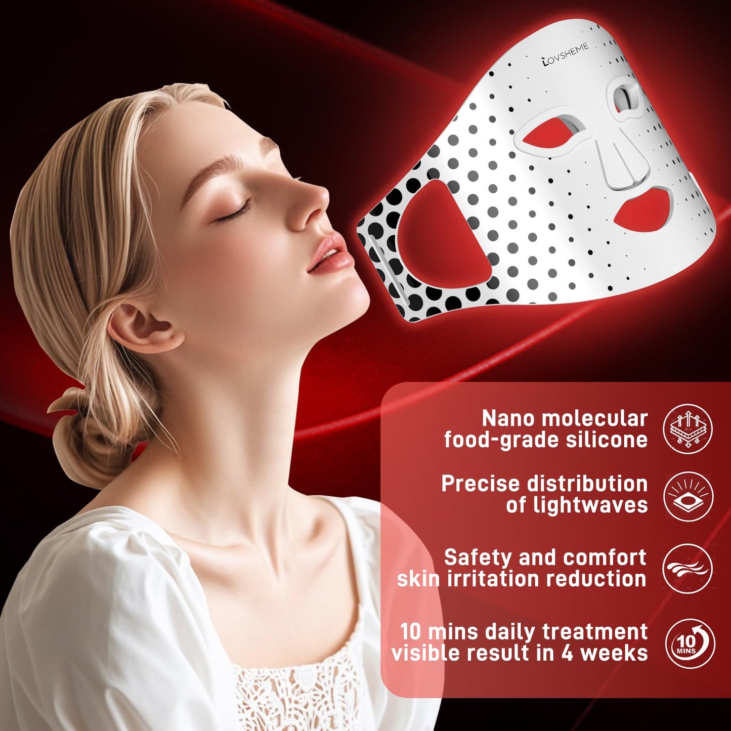 Lovsheme LED Face Mask - 3 Light Modes, Ultra-Soft Comfort, Precise wavelength, Professional Red Light Therapy Mask, LED Face Light Therapy Mask for Skin Rejuvenation, Anti-Aging & Acne Treatment