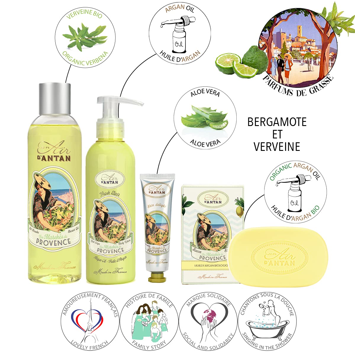 Provence Verbena Pamper Gift Set for Women: Shower Gel, Body Lotion, Organic Soap & Hand Cream