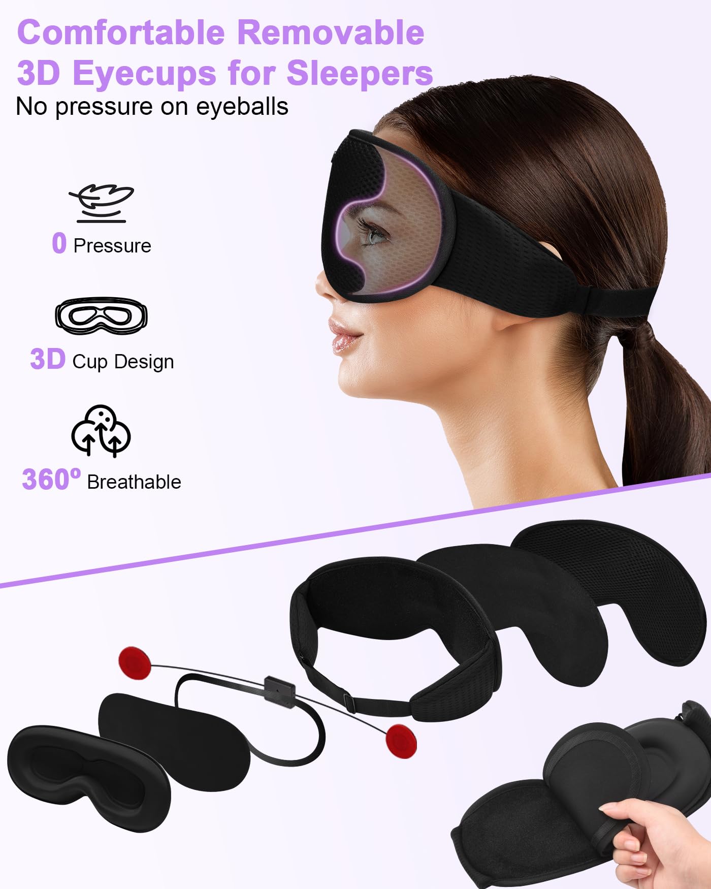 Bluetooth Sleep Mask with Removable 3D Contoured, Music Eye Mask for Sleep, Sleeping Headphones with Ultra-Thin Stereo Speakers for Side Sleepers, Perfect Tech Gifts
