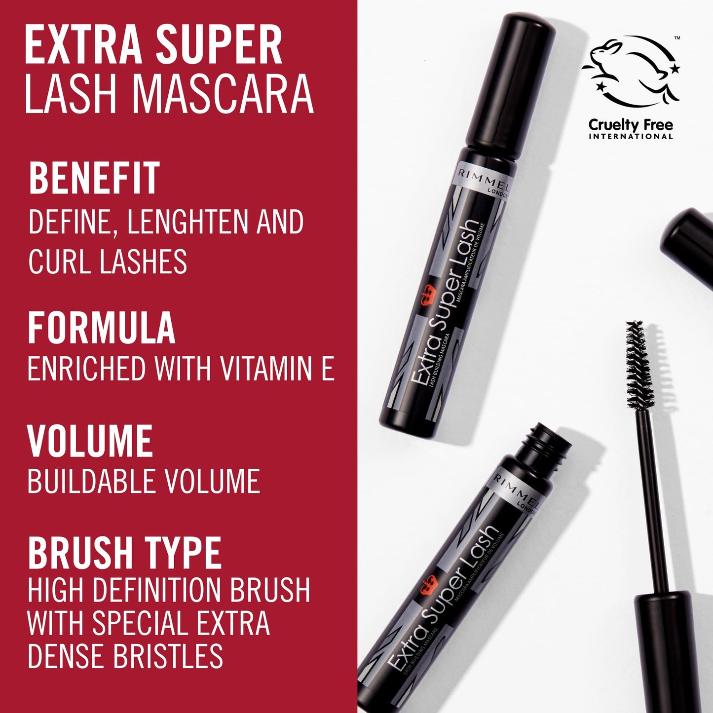 RIMMEL LONDON - Extra Super Lash Building Mascara - Defines, Lengthen & Curl Lashes - With Hydrogel For Healthy Looking Finish - Enriched With Vitamin E - No Clumping - 101 Black Black