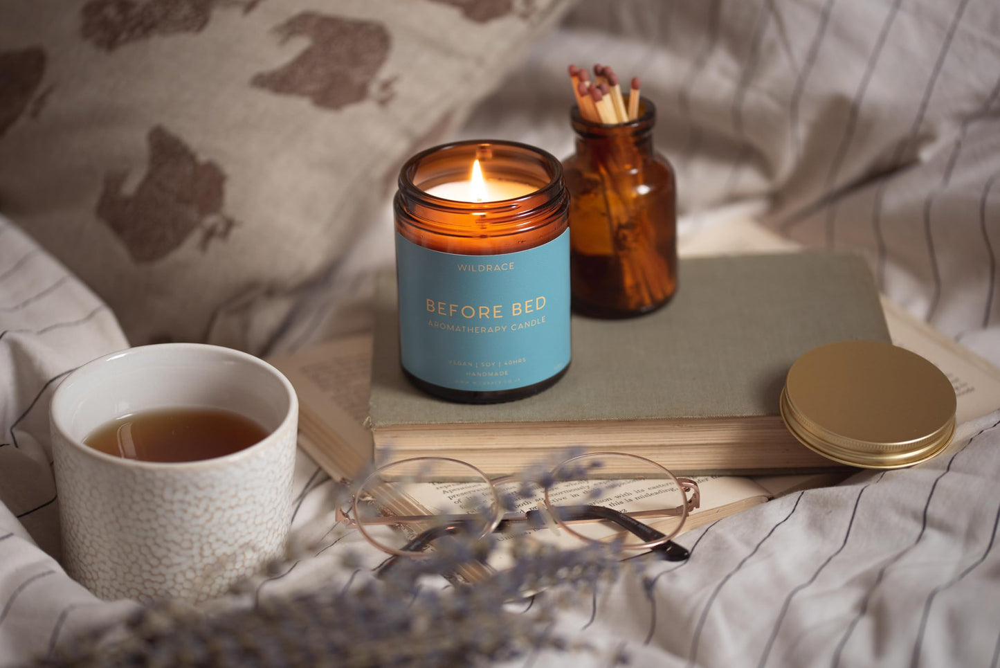 WILDRACE Before Bed Relaxation Candle | Clary Sage, Neroli, Geranium & Lavender Blend for Sleep & Stress Relief | 100% Soy Wax, Essential Oils, Plastic-Free | Natural Aromatherapy for Better Sleep