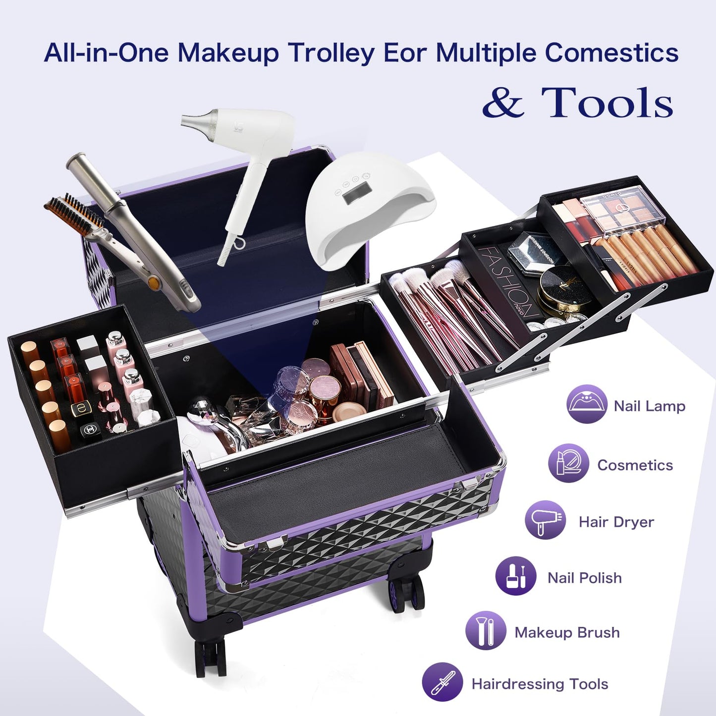 Joligrace Professional Makeup Trolley Cosmetic Vanity Box Make Up Case Organiser Beauty Rolling Box Beauty Trolley on Wheels Nail Technician Case, Black-Purple