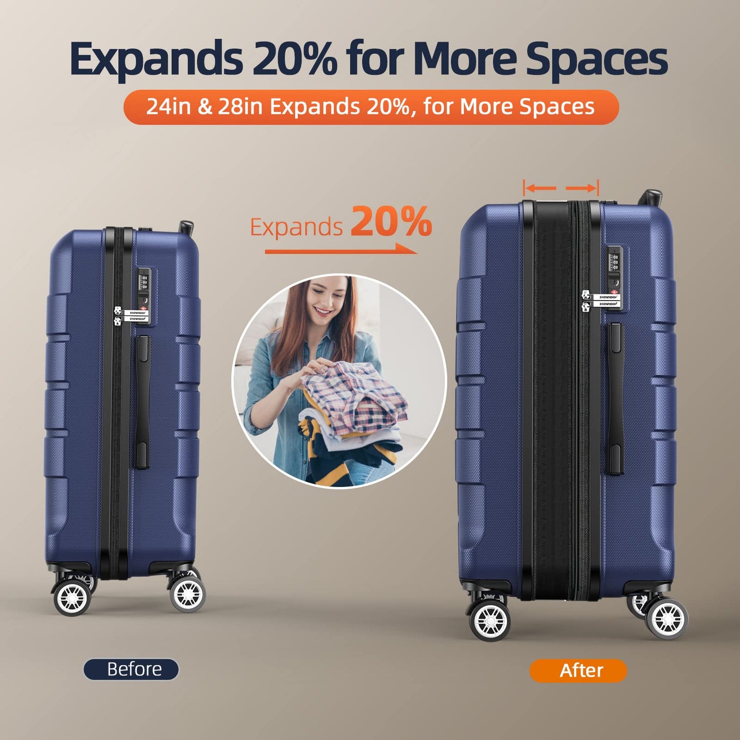 SHOWKOO Suitcase Large 28-Inch Expandable PC+ABS Hard Shell Travel Luggage Lightweight Durable High Capacity with Double Spinner Wheels TSA Lock, 28" Blue