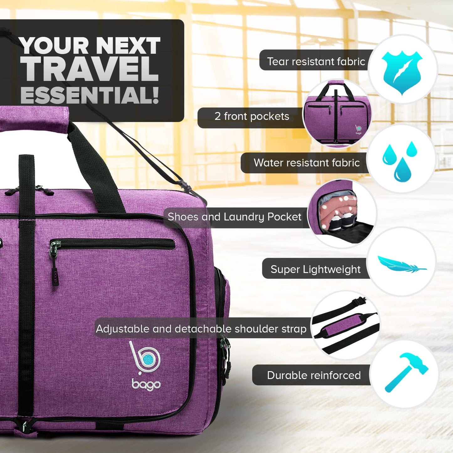 bago Holdall Bags for Men & Women - 40L Spacious Holdall Bag with Shoe Compartment - Save Time & Travel The World in Style & Convenience - Durable, Lightweight & Foldable Duffle Bag (SnowDepPurple)