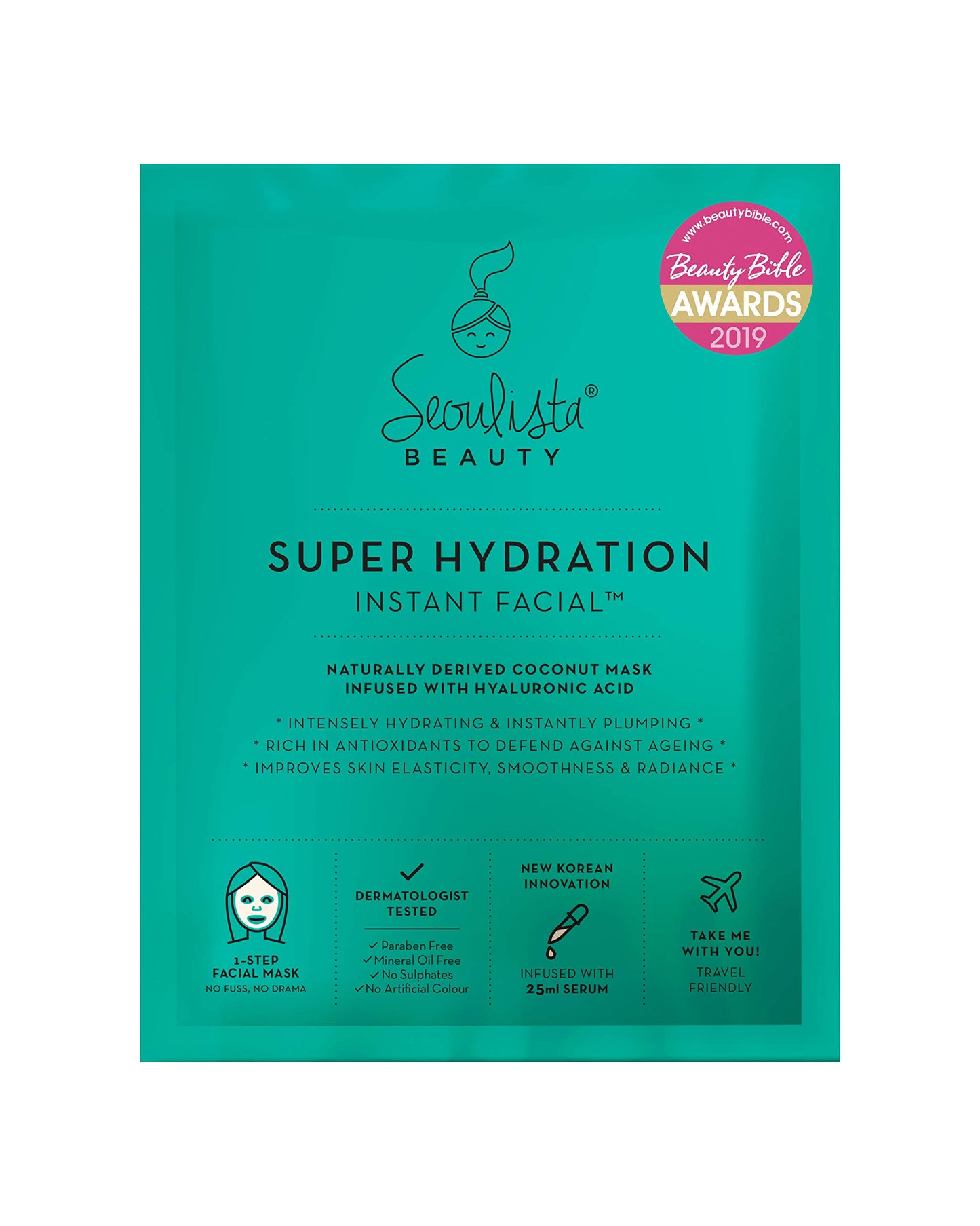 Seoulista Beauty Super Hydration Instant Facial – Hydrating Beauty Face Mask for Dry Skin - Infused with Hyaluronic Acid and Coconut – Dermatologist Created Korean Skin Care — Multi-Award Winning