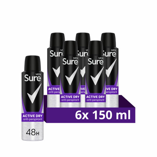 Sure Men Active Dry Anti-perspirant Deodorant Aerosol 48h protection anti-perspirant deodorant spray for effective sweat and odour protection 6x 150 ml