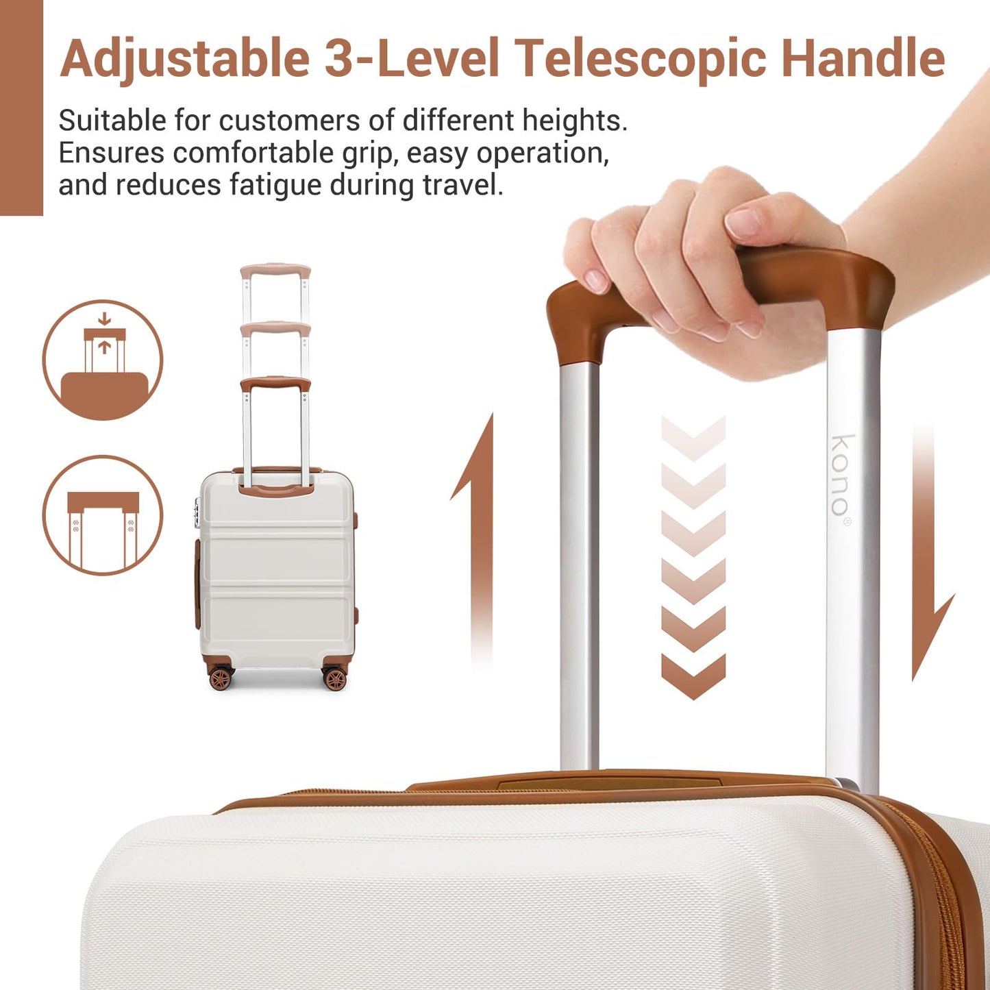 Kono Fashion Hand Luggage Lightweight ABS Hard Shell Trolley Travel Suitcase with TSA Combination Lock and 4 Wheels Cabin Carry-on Suitcases (20", Cream White)